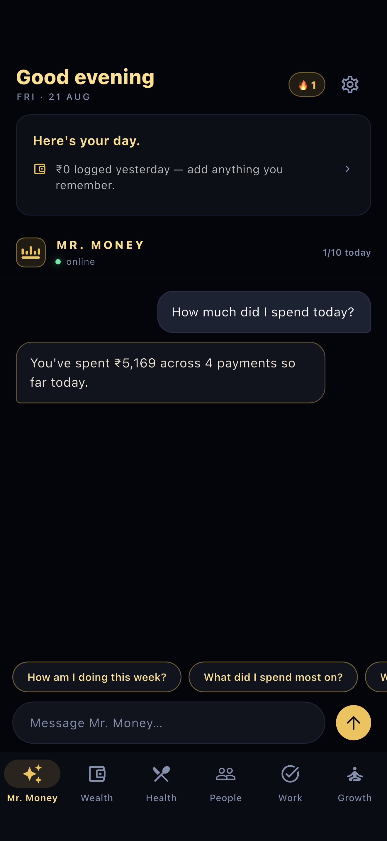 The Mr. Money chat answering “How much did I spend today?” with “You've spent ₹5,169 across 4 payments so far today.”