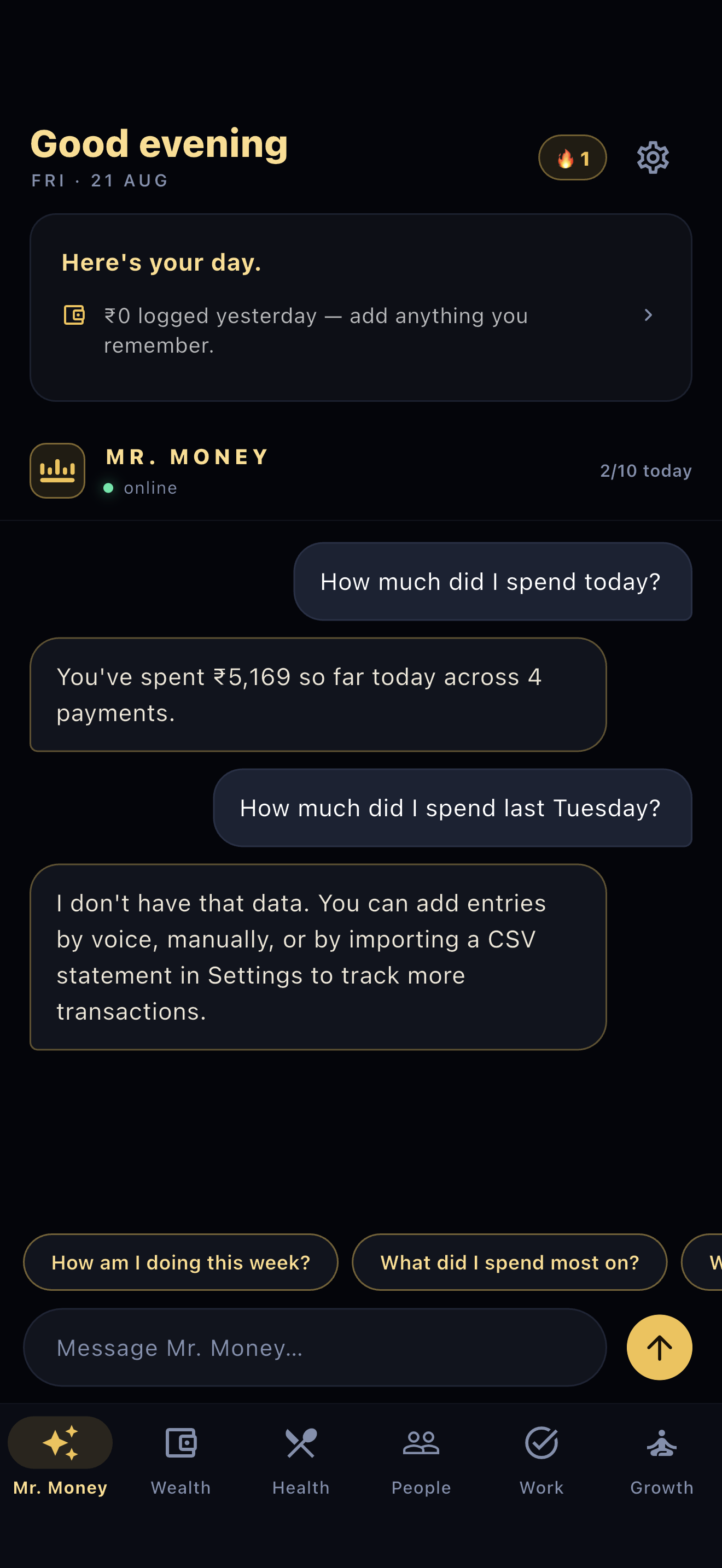 The Mr. Money chat replying “I don't have that data. You can add entries by voice, manually, or by importing a CSV statement in Settings to track more transactions.”